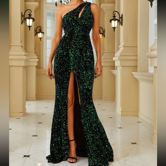 Luxe one shoulder cutout slit thigh party formal evening wedding sequins dress - Picture 4 of 6